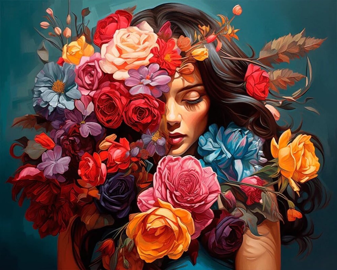 Flower Woman Paint-by-Numbers Kit for Adults – DIY Colorful Canvas Painting, Oil Art & Craft Kit for Wall Decor (16x20", No Frame)